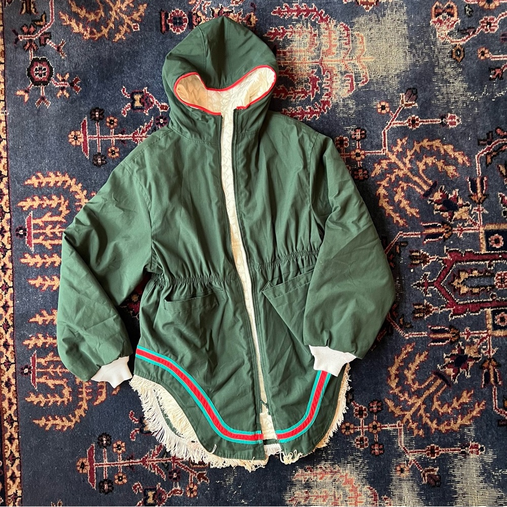 Vintage Green Quilted Parka Jacket with Fringe Trim – Handmade in Whitehorse
